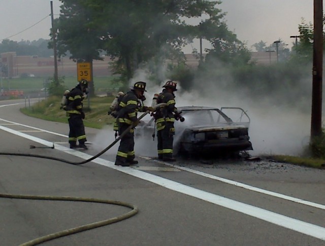 Nanuet FD members battle early morning car fire. NYS Thruway, 6/22/08