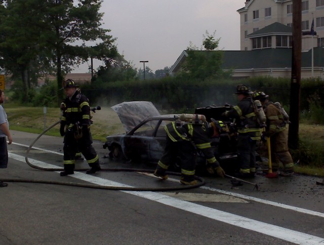 Nanuet FD members battle early morning car fire. NYS Thruway, 6/22/08