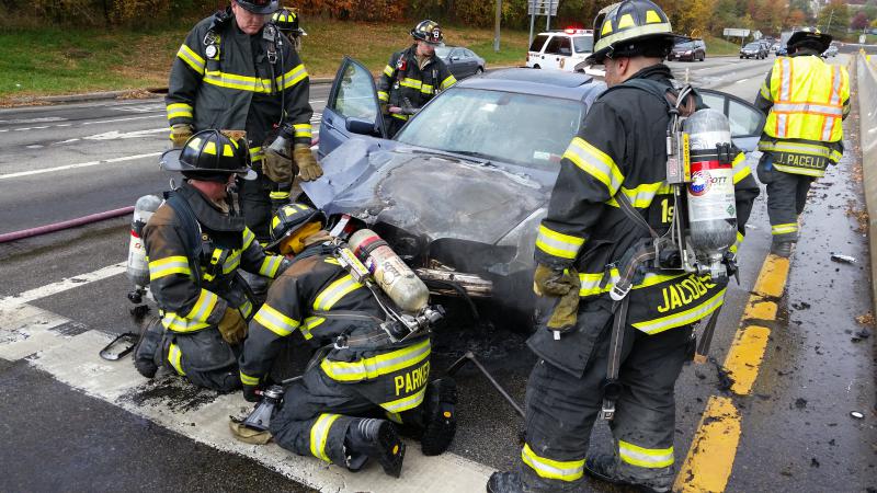 New York State Thruway ramp and Route 59 car fire. Nanuet FD. makes short work of it. Photos by Vincent P. Tuzzolino

