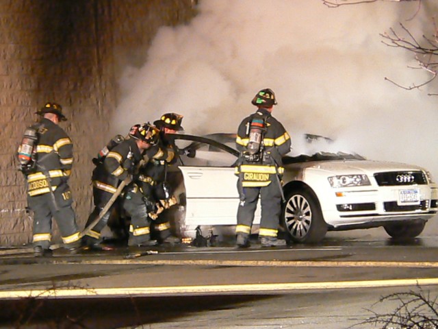 NFD members fight late night car fire. 4/8/08 Photo:  Lance Thaxton, Dept 17