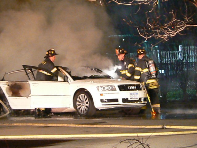 NFD members fight late night car fire. 4/8/08 Photo:  Lance Thaxton, Dept 17